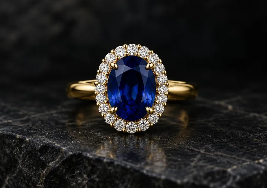 Blue sapphire ring with a diamond halo