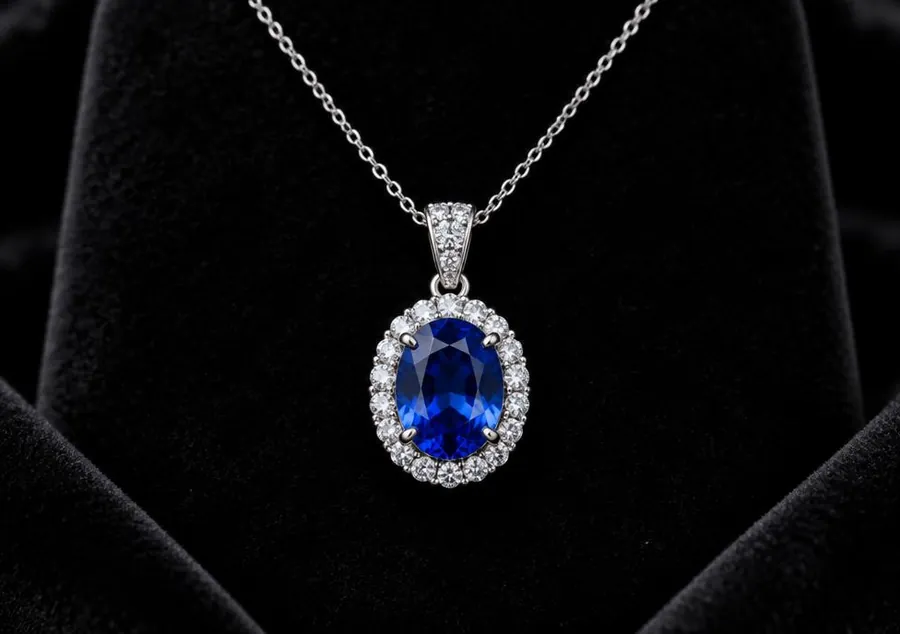 Sapphire pendant with diamond halo